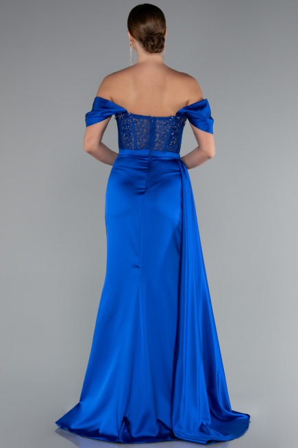 Robe de Soirée Longue Satin Bleu Saxe ABU5034
