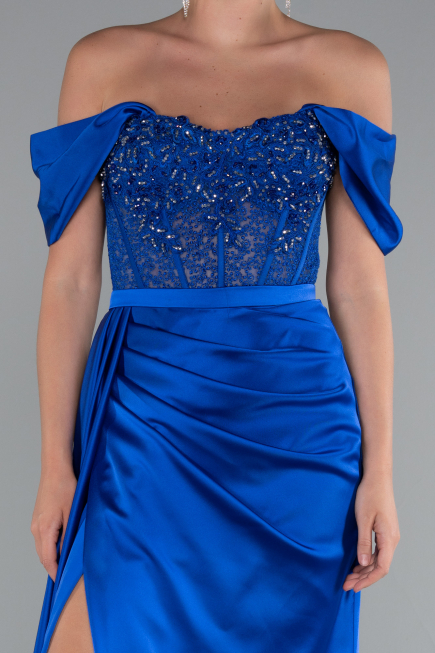 Robe de Soirée Longue Satin Bleu Saxe ABU5034