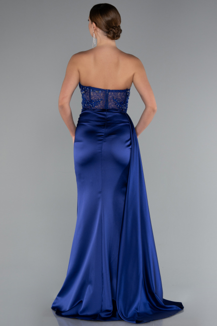Robe De Soirée Satin Longue Bleu Marine ABU5035