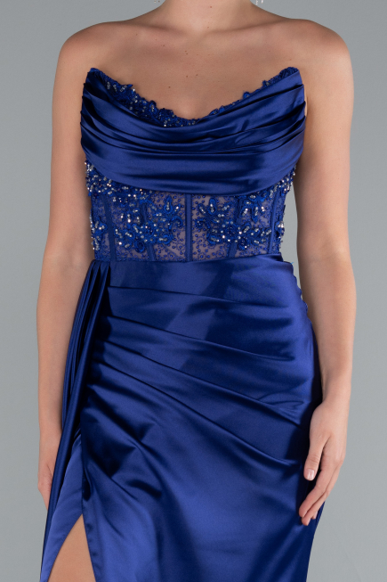 Robe De Soirée Satin Longue Bleu Marine ABU5035