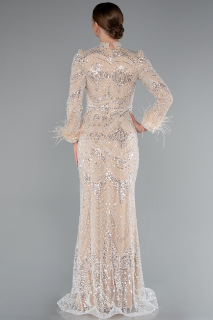 Tenue de Soirée Voilée Longue Perlé Beige ABU5056