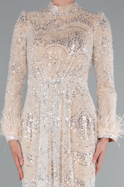 Tenue de Soirée Voilée Longue Perlé Beige ABU5056