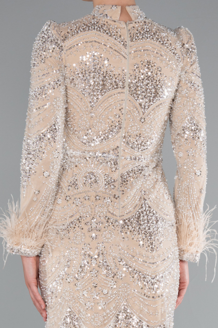 Tenue de Soirée Voilée Longue Perlé Beige ABU5056