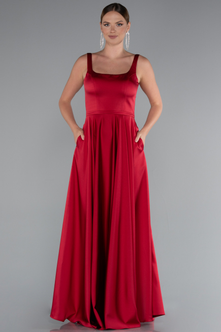 Robe de Soirée Longue Satin Rouge Bordeaux ABU5059