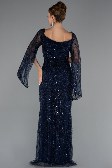 Robe de Soirée Longue Perlé Bleu Marine ABU5066