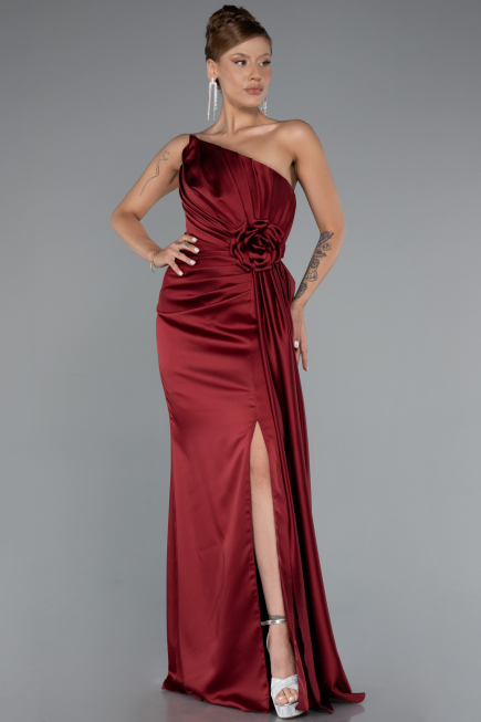 Robe De Soirée Satin Longue Rouge Bordeaux ABU4174
