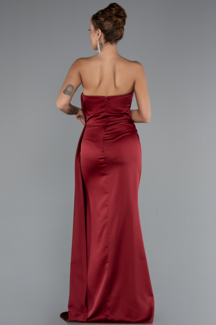 Robe De Soirée Satin Longue Rouge Bordeaux ABU4174