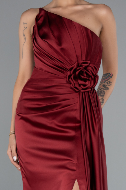 Robe De Soirée Satin Longue Rouge Bordeaux ABU4174