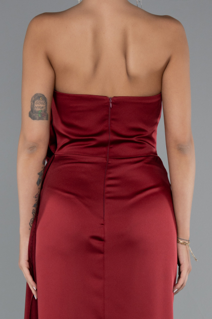 Robe De Soirée Satin Longue Rouge Bordeaux ABU4174