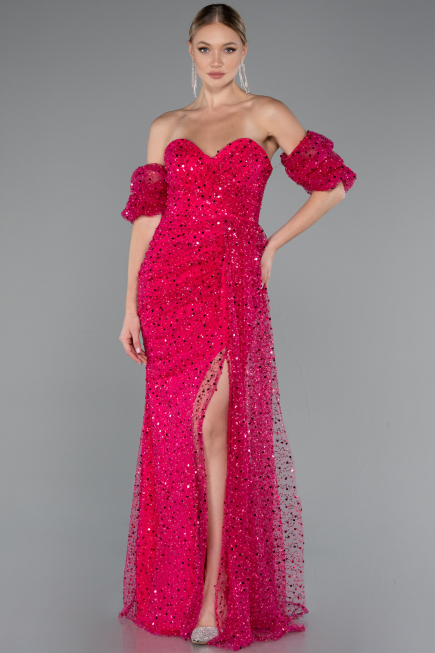 Robe de Soirée Longue Squameuse Fushia ABU5075