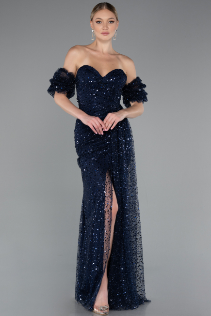 Robe de Soirée Longue Squameuse Bleu Marine ABU5075