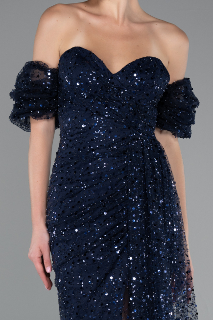 Robe de Soirée Longue Squameuse Bleu Marine ABU5075