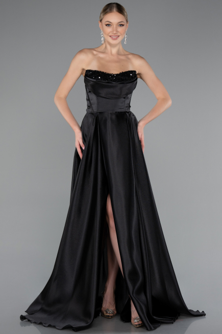 Robe de Soirée Longue Satin Noir ABU5064