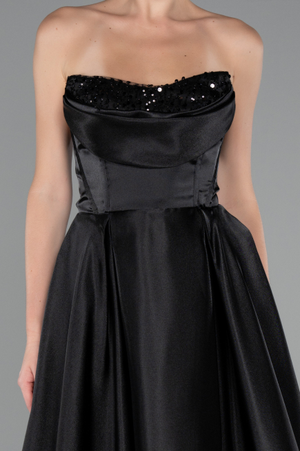 Robe de Soirée Longue Satin Noir ABU5064