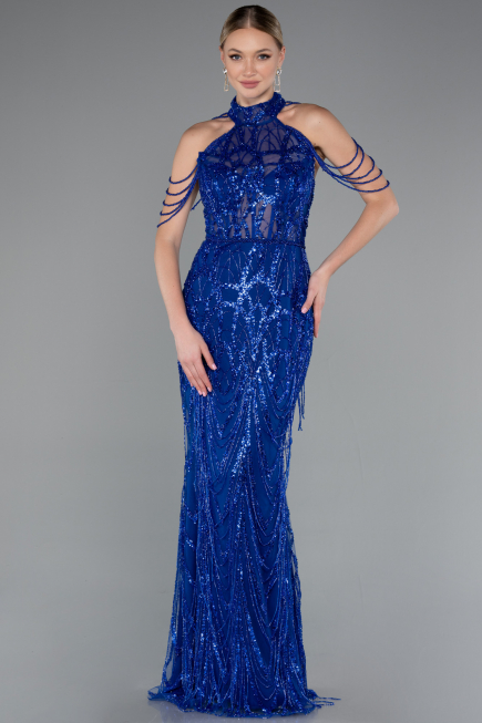 Robe de Soirée Longue Perlé Bleu Saxe ABU4912