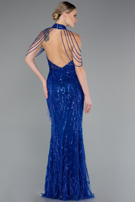 Robe de Soirée Longue Perlé Bleu Saxe ABU4912