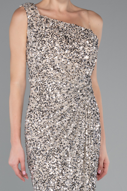 Robe De Soirée Midi Squameuse Beige ABK2377