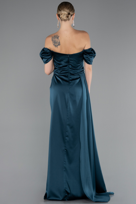 Robe De Fiançaille Satin Longue Vert Pétrole ABU1606
