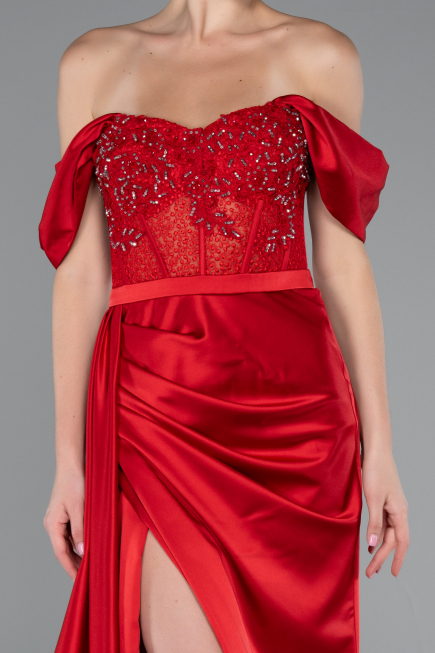 Robe de Soirée Longue Satin Rouge ABU5034