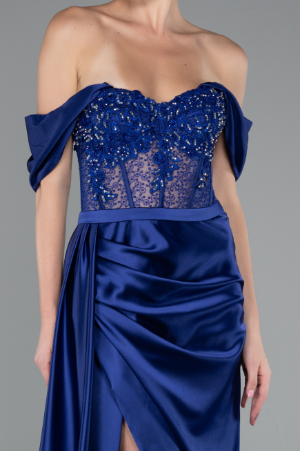 Robe De Soirée Satin Longue Bleu Marine ABU5034