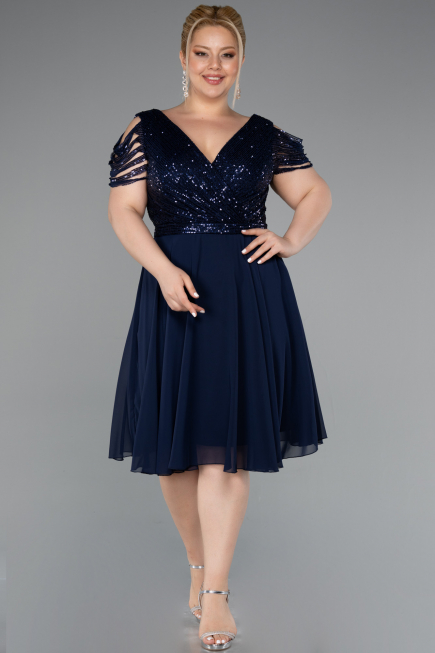 Robe Grande Taille Mousseline Courte Bleu Marine ABK1376