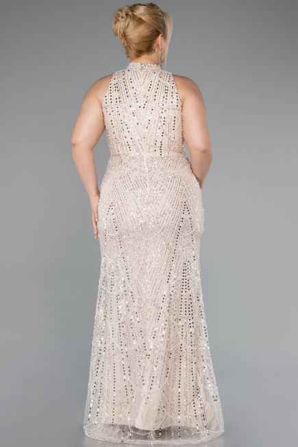 Robe de Soirée Grande Taille Longue Perlé Beige ABU5063