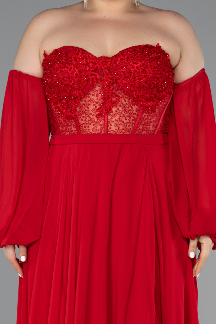 Robe de Soirée Grande Taille Longue Mousseline Rouge ABU5037