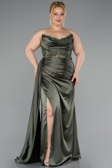 Robe De Graduation Grande Taille Satin Longue Kaki ABU3855