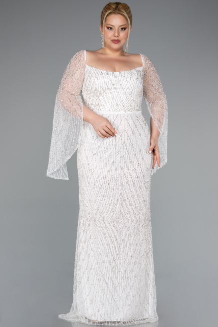 Robe De Fiançailles Grande Taille Perlé Longue Blanc ABU4640