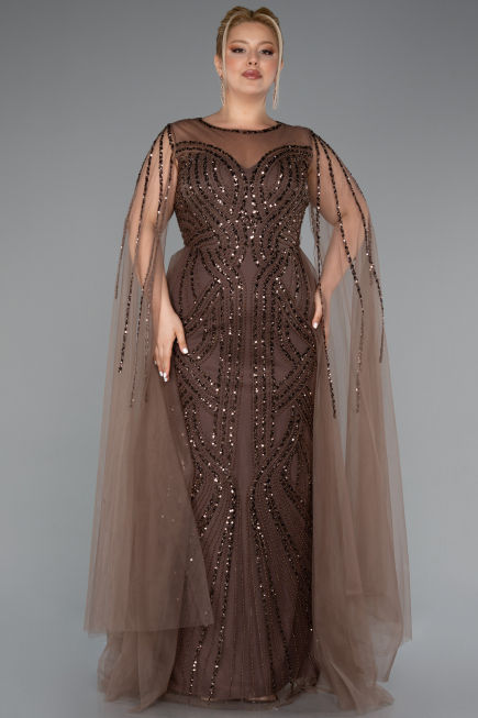 Robe De Fiançailles Grande Taille Longue Perlé Brun ABU5050