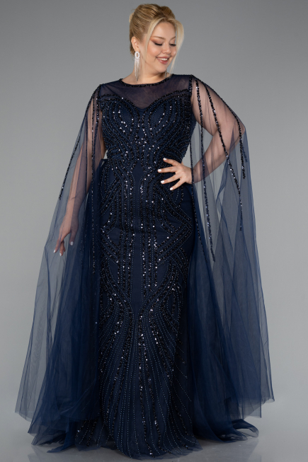 Robe De Fiançailles Grande Taille Longue Perlé Bleu Marine ABU5050