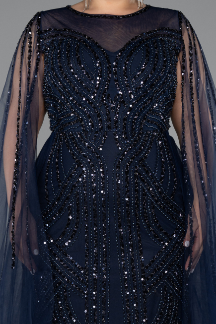 Robe De Fiançailles Grande Taille Longue Perlé Bleu Marine ABU5050