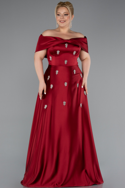 Robe Grande Taille Longue Satin Rouge Bordeaux ABU5072