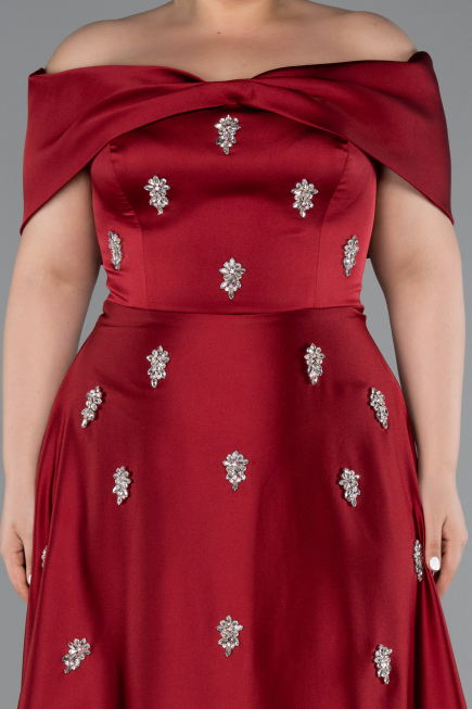 Robe Grande Taille Longue Satin Rouge Bordeaux ABU5072