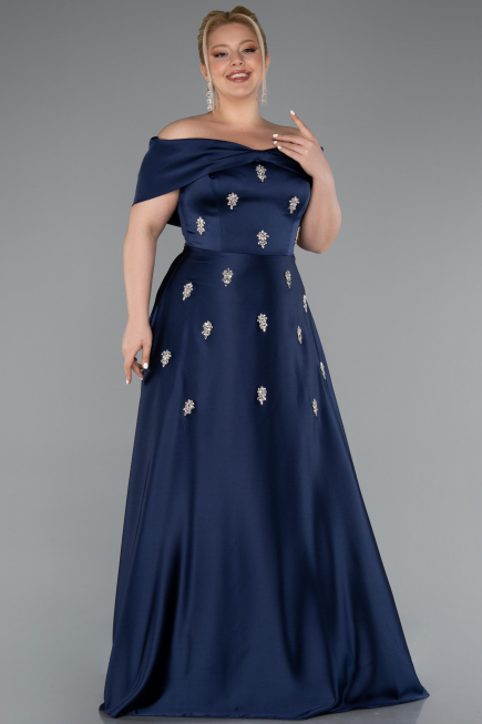 Robe Grande Taille Longue Satin Bleu Marine ABU5072