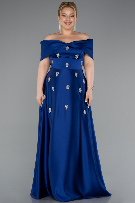 Robe Grande Taille Longue Satin Bleu Saxe ABU5072
