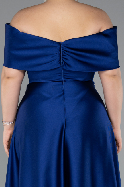Robe Grande Taille Longue Satin Bleu Saxe ABU5072