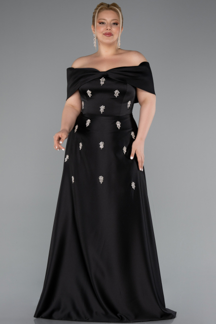 Robe Grande Taille Longue Satin Noir ABU5072