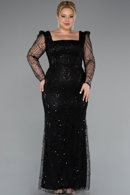 Robe De Fiançailles Grande Taille Longue Perlé Noir ABU4761