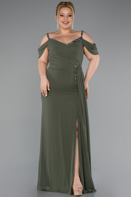 Robe De Soirée Grande Taille Mousseline Longue Kaki ABU3742