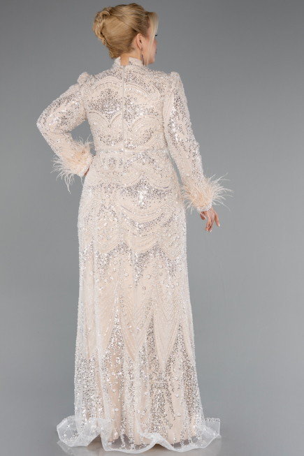 Robe Hijab Grande Taille Longue Perlé Beige ABU5057
