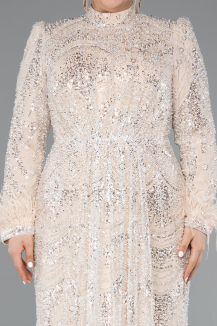 Robe Hijab Grande Taille Longue Perlé Beige ABU5057