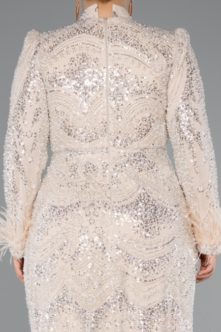 Robe Hijab Grande Taille Longue Perlé Beige ABU5057