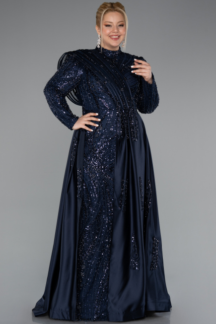 Robe Hijab Grande Taille Longue Perlé Bleu Marine ABU5083