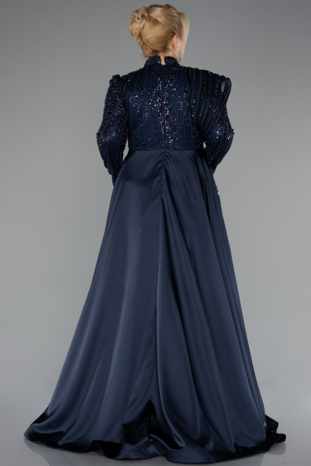 Robe Hijab Grande Taille Longue Perlé Bleu Marine ABU5083