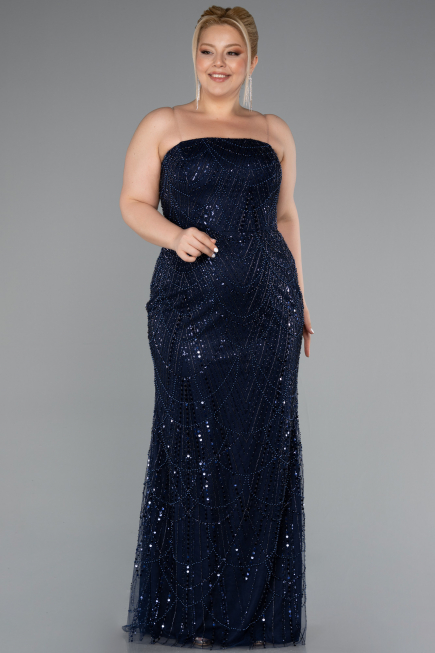 Robe De Soirée Grande Taille Longue Perlé Bleu Marine ABU5010