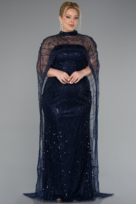 Robe De Soirée Grande Taille Longue Perlé Bleu Marine ABU5010