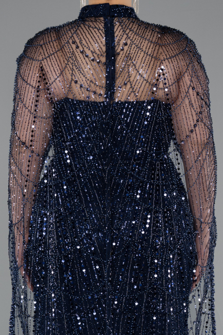 Robe De Soirée Grande Taille Longue Perlé Bleu Marine ABU5010