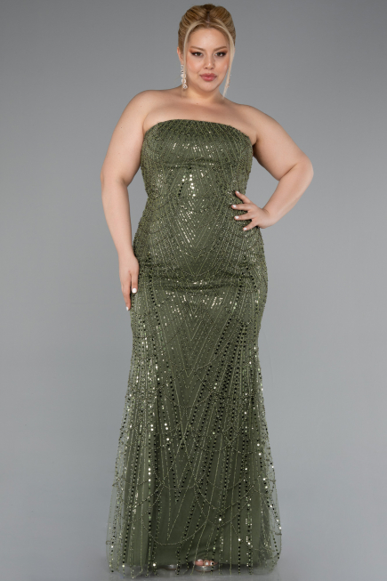 Robe De Soirée Grande Taille Longue Perlé Kaki ABU5010