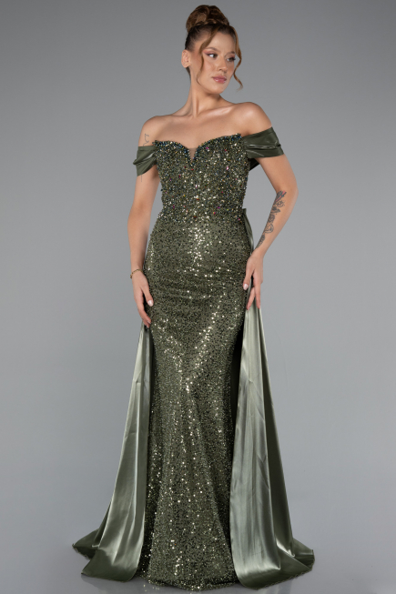 Robe de Soirée Longue Perlé Kaki ABU5099